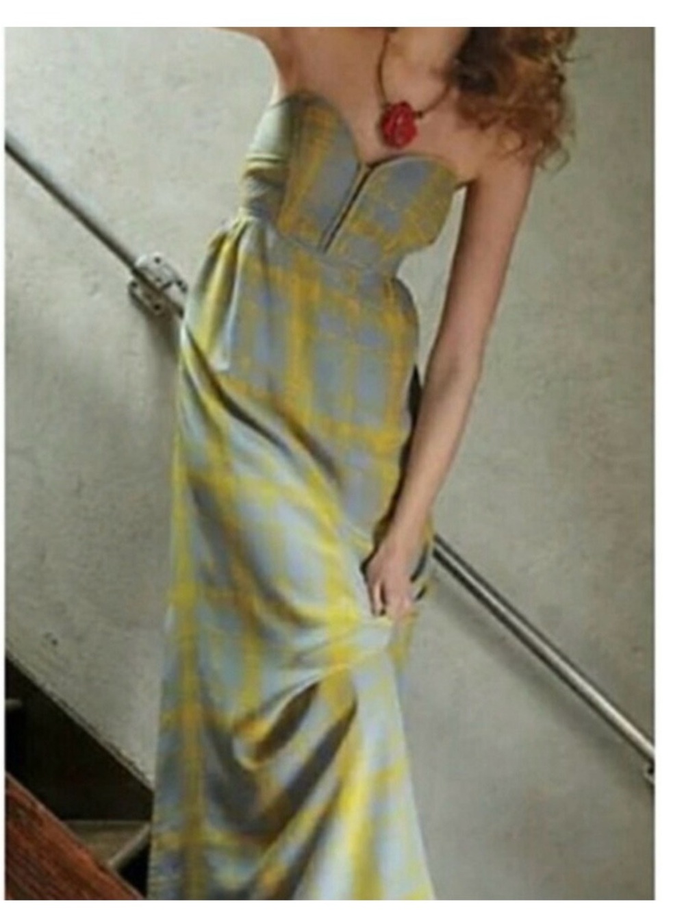 Strapless Yellow & Gray Plaid Sweetheart Maxi Dress